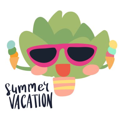 Asgari yaz sulu vektör illüstrasyon sanatı İskandinav tarzında. Kawaii kaktüsü ve dondurma külahı. El yazısıyla yazılmış yazı cümlesi Yaz Tatili beyaza izole edildi