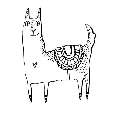 Lama 'nın İskandinav tarzında beyaza izole edilmiş tek renkli güzel el çizimi tasviri. Basit tatlı çocuklar için çocuk odası çizimi. Giysi baskısı için grafik tasarımı.