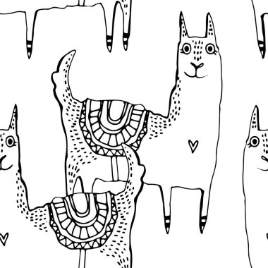 Lama 'nın tek renkli güzel el çizimi, vektör kiremit deseni. Basit tatlı çocuklar için çocuk odası çizimi. Giysi baskısı için grafik tasarımı.