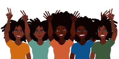 Elle çizilmiş mutlu gülümseyen siyahi kadınların el ele tutuşması tasviri. Parça işareti, açık avuç içi. Düz stil. Beyazda izole edilmiş. Feminizm çeşitliliği hoşgörü kavramı.