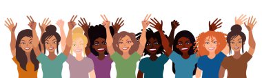 Farklı ırktan mutlu bir grup kadın el ele tutuşup işaret, yumruk ve avuç içini açıyor. Düz stil çizimi beyaza izole edilmiş. Feminizm çeşitliliği hoşgörü kız güç kavramı.