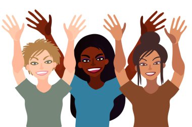 Farklı ırktan mutlu, gülümseyen bir grup kadın el ele tutuşup selamlaşıyorlar. Düz stil çizimi beyaza izole edilmiş. Feminizm çeşitliliği hoşgörü kız güç kavramı.