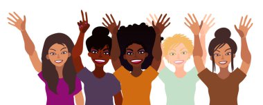 Farklı ırktan mutlu bir grup kadın el ele tutuşup işaret veriyor, avuçlarını açıyorlar. Düz stil çizimi beyaza izole edilmiş. Feminizm çeşitliliği hoşgörü kız güç kavramı.
