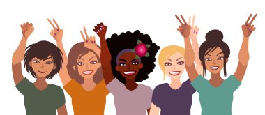 Farklı ırktan mutlu bir grup kadın el ele tutuşup işaret, yumruk ve avuç içini açıyor. Düz stil çizimi beyaza izole edilmiş. Feminizm çeşitliliği hoşgörü kız güç kavramı.