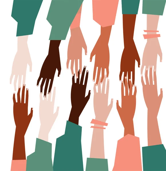 Vector Illustration People Hands Different Skin Color Together Minimal Flat — Stock Vector