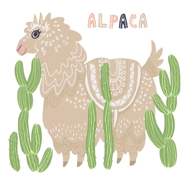 Bela Ilustração Vetorial Desenhada Mão Lhama Cactos Com Alpaca Letras — Vetor de Stock