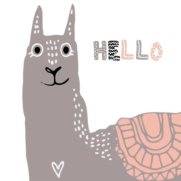 Gyönyörű Kézzel Rajzolt Vektor Illusztráció Láma Feliratos Szó Hello Skandináv — Stock Vector
