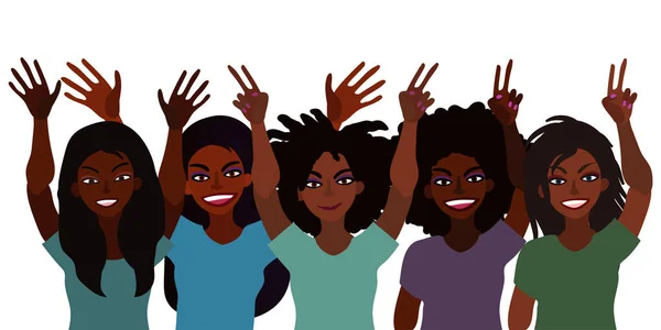 Illustration Vectorielle Dessinée Main Groupe Femmes Noires Souriantes Heureuses Tenant — Image vectorielle