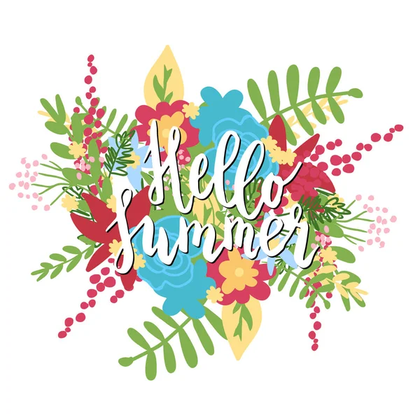 Hello Summer Lettering Phrase Flower Background Изолирован Белом Графический Элемент — стоковый вектор