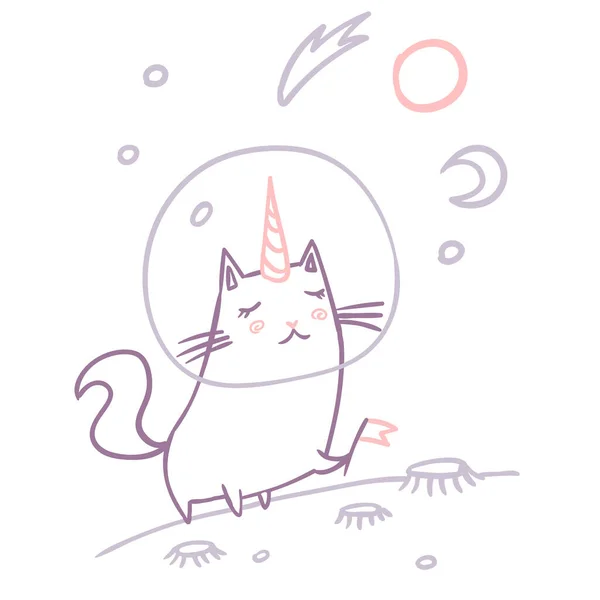 Kosmiczny Kot Podróżuje Jednorożcem Stoję Planecie Badam Wszechświat Cute Dzieci — Wektor stockowy