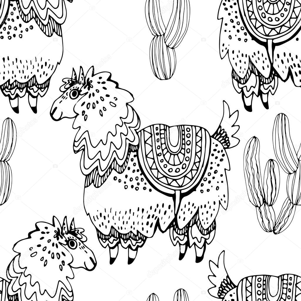 Beautiful hand drawn vector tile pattern of llama and cacti in monochrome. Simple sweet kids nursery illustration. Graphic design for apparel print.