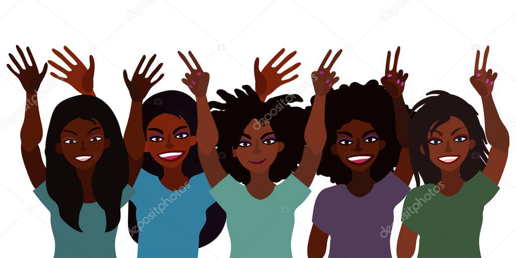 Hand drawn vector illustration of group of happy smiling black women together holding hands up with piece sign, open palm. Flat style. Isolated on white. Feminism diversity tolerance concept.