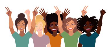 Farklı ırktan mutlu bir grup kadın el ele tutuşup işaret, yumruk ve avuç içini açıyor. Düz stil çizimi beyaza izole edilmiş. Feminizm çeşitliliği hoşgörü kız güç kavramı.