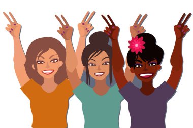 Farklı ırktan mutlu, gülümseyen bir grup kadın el ele tutuşup işaret veriyorlar. Düz stil çizimi beyaza izole edilmiş. Feminizm çeşitliliği hoşgörü kız güç kavramı.