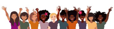 Farklı ırktan mutlu bir grup kadın el ele tutuşup işaret, yumruk ve avuç içini açıyor. Düz stil çizimi beyaza izole edilmiş. Feminizm çeşitliliği hoşgörü kız güç kavramı.