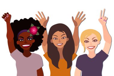 Farklı ırktan mutlu bir grup kadın el ele tutuşup işaret, yumruk ve avuç içini açıyor. Düz stil çizimi beyaza izole edilmiş. Feminizm çeşitliliği hoşgörü kız güç kavramı.