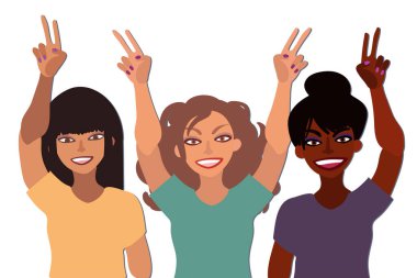 Farklı ırktan mutlu, gülümseyen bir grup kadın el ele tutuşup işaret veriyorlar. Düz stil çizimi beyaza izole edilmiş. Feminizm çeşitliliği hoşgörü kız güç kavramı.