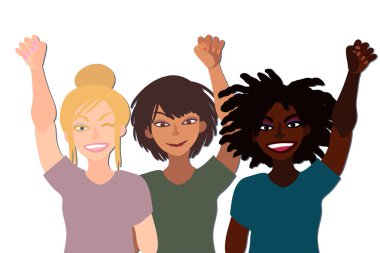 Farklı ırktan mutlu, gülümseyen bir grup kadın birlikte yumruklarını kaldırıyorlar. Düz stil çizimi beyaza izole edilmiş. Feminizm çeşitliliği hoşgörü kız güç kavramı.