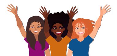 Farklı ırktan mutlu, gülümseyen bir grup kadın el ele tutuşup selamlaşıyorlar. Düz stil çizimi beyaza izole edilmiş. Feminizm çeşitliliği hoşgörü kız güç kavramı.