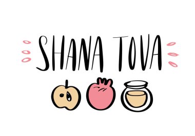 Rosh Hashana Yahudi Yeni Yıl Tatili için elle çizilmiş vektör çizimi. Elma, nar ve bal. Shana Tova Hebew 'de yeni yılınız kutlu olsun.