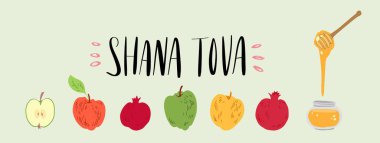 Rosh Hashana Yahudi Yeni Yıl Tatili için elle çizilmiş vektör çizimi. Elma, nar ve bal. Shana Tova Hebew 'de yeni yılınız kutlu olsun.