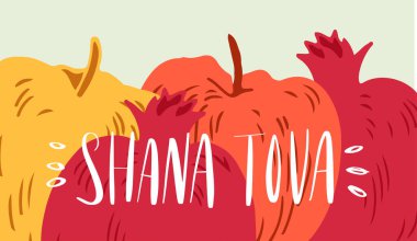 Rosh Hashana Yahudi Yeni Yıl Tatili için elle çizilmiş vektör çizimi. Elma, nar falan. Shana Tova Hebew 'de yeni yılınız kutlu olsun.