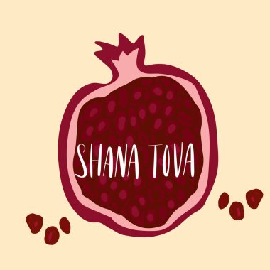 Rosh Hashana Yahudi Yeni Yıl Tatili için elle çizilmiş vektör çizimi. Nar düz sanat. Shana Tova Hebew 'de yeni yılınız kutlu olsun.