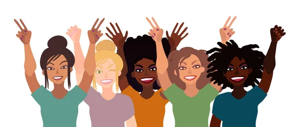 Een Groep Vrolijke Glimlachende Vrouwen Van Verschillende Rassen Die Elkaars — Stockvector