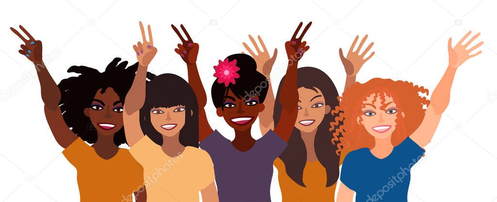 Group of happy smiling women of different race together holding hands up with piece sign, open palm. Flat style illustration isolated on white. Feminism diversity tolerance girl power concept.