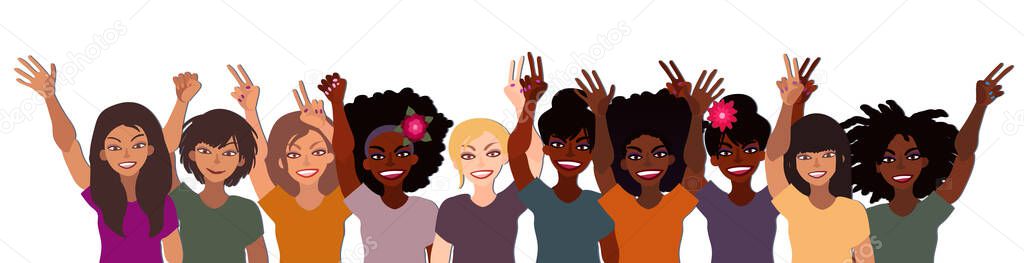 Group of happy smiling women of different race together holding hands up with piece sign, fist, open palm. Flat style illustration isolated on white. Feminism diversity tolerance girl power concept.