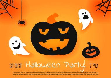 Cadılar Bayramı parti vektör şablonu şablonu tasarımınız kutlu olsun. Tatlı çizgi film karakteri korkunç balkabağı feneri, hayalet, örümcek, ağ.