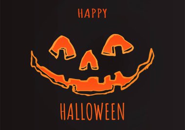 Mutlu Cadılar Bayramı vektör illüstrasyon kartı tasarımı Sevimli çizgi film karakteri tüyler ürpertici balkabağı feneri gülüşü koyu arkaplanda.