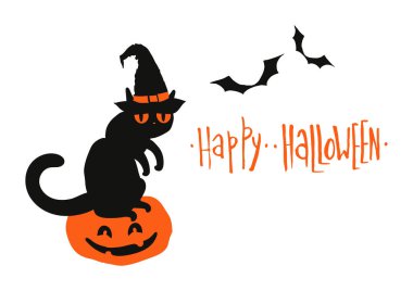 Mutlu Cadılar Bayramı vektör illüstrasyon kartı tasarımı. Çizgi film karakteri. Cadı şapkalı rahatsız kedi, kabak fenerinin üzerinde oturuyor..