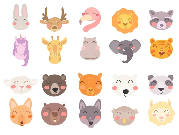Niedliche Süße Tierchen Kopf Kollektion Mit Lächelnden Gesichtern Handgezeichnete Vektorkunst — Stockvektor