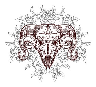 Gerçekçi detaylı el çizimi, büyük boynuzları ve gülleri olan eski bir hayvan kafatası, soyut vintage elementler. Doğaüstü temalı grafiksel dövme resmi. Tişört baskısı için tasarım.