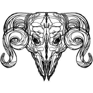 Gerçekçi detaylı el çizimi, büyük boynuzlu eski bir hayvan kafatasının resmi. Doğaüstü temalı grafiksel dövme resmi. Tişört baskısı için tasarım.