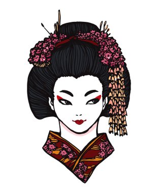 Geleneksel saç stili ve kumaş çiçek süslemeleri olan Japon bir kadının gerçekçi detaylı portresi. Grafiksel dövme stili tek renkli çizim. Tişört baskısı için tasarım ögesi.