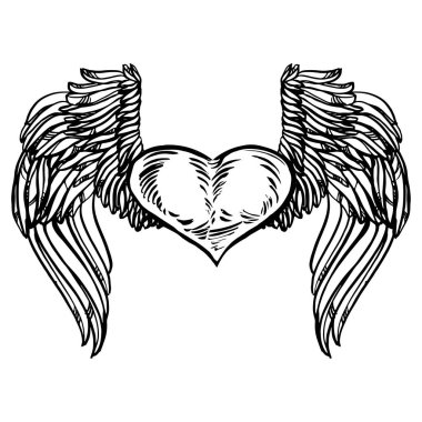 Eski tarz rockabilly dövme stili melek kanatlı uçan kalbin çizimi. Gerçekçi ayrıntılı el çizimi aşk sembolü. Tişört, kıyafet, kart baskısı için tasarım.