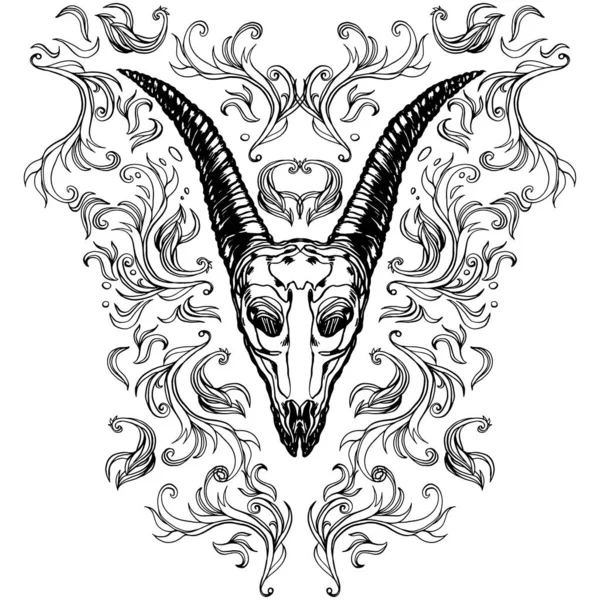 大きな角 抽象的なヴィンテージの要素を持つ古い動物のヤギの頭蓋骨の現実的な詳細な手描きのイラスト オカルトテーマにグラフィックタトゥースタイルの画像 Tシャツのデザイン Print — ストックベクタ