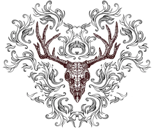 一个有着大角和抽象背景的老动物鹿头骨的写实而细致的手绘图解 图形纹身风格的图像神秘的主题 T恤衫印花设计 — 图库矢量图片