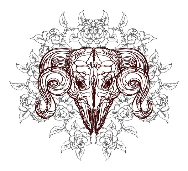 真实而细致的手绘插图 描绘了一个长着大角和玫瑰的古老的动物头骨 抽象的古老元素 图形纹身风格的图像神秘的主题 T恤衫印花设计 — 图库矢量图片