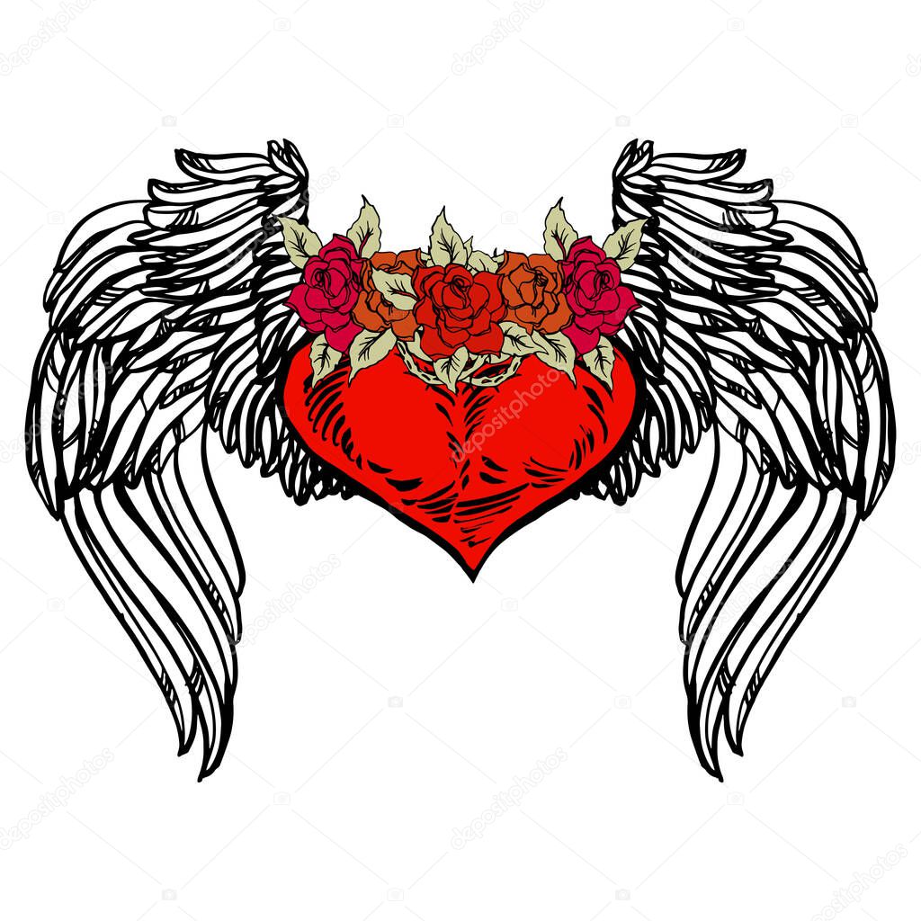 Graphic old school rockabilly tattoo style illustration of stylized flying heart with angel wings and rose wreath. Realistic detailed hand drawn art of love symbol. Design for t-shirt, clothes, card print.