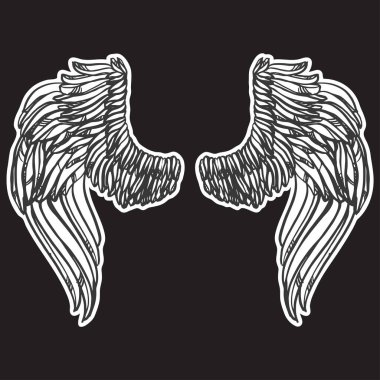 Soyut arka planda kanat çiftinin gerçekçi detaylı el çizimi. Grafik dövme tarzı görüntü. Tişört baskısı için tasarım ögesi.