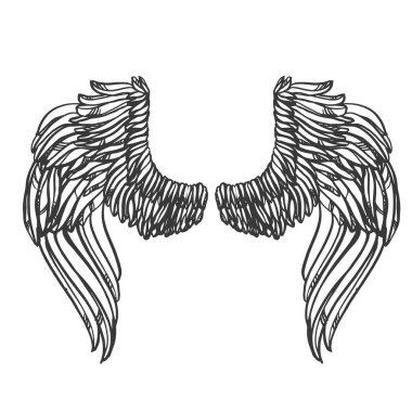 Soyut arka planda kanat çiftinin gerçekçi detaylı el çizimi. Grafik dövme tarzı görüntü. Tişört baskısı için tasarım ögesi.