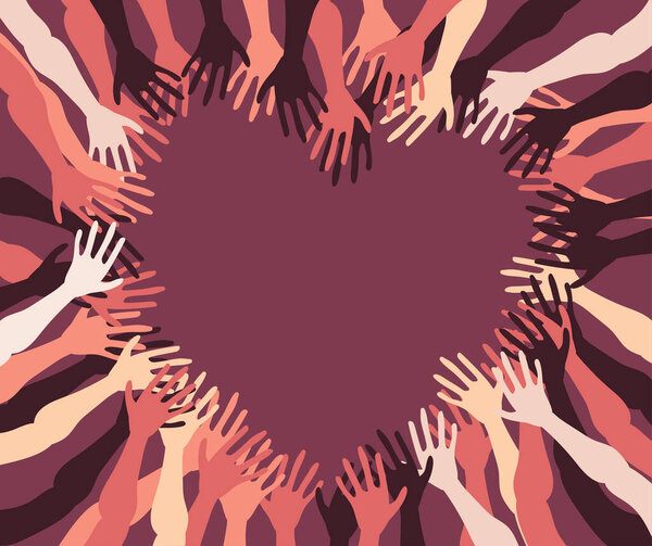 Human hands with different skin color together. Group, unity, race equality, tolerance concept art in minimal flat style. Vector illustration card.