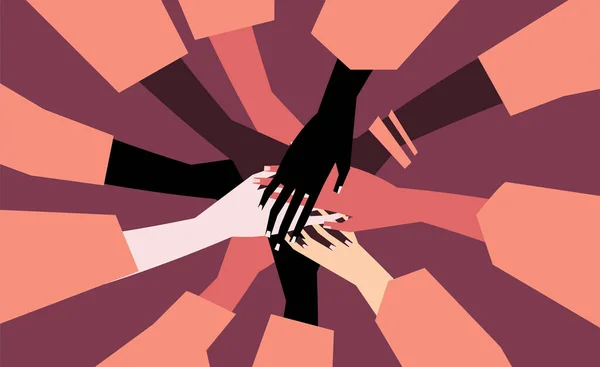 不同肤色的人的手堆叠在一起作为支撑 团队精神 种族平等 宽容的概念艺术在最小的扁平风格 矢量插画卡片 — 图库矢量图片