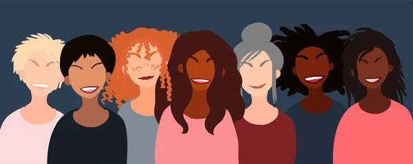 一緒に異なる人種の幸せな笑顔の女性のグループ フラットスタイルベクトルイラスト フェミニズム多様性寛容ガールパワーコンセプト — ストックベクタ