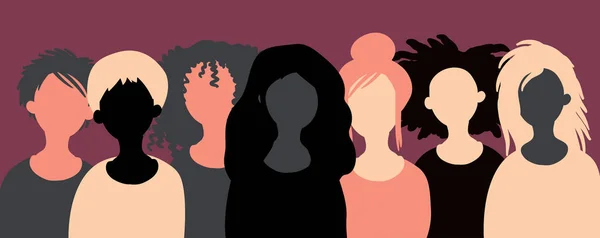 Gruppe Fröhlich Lächelnder Frauen Verschiedener Rassen Zusammen Flache Vektordarstellung Feminismus — Stockvektor