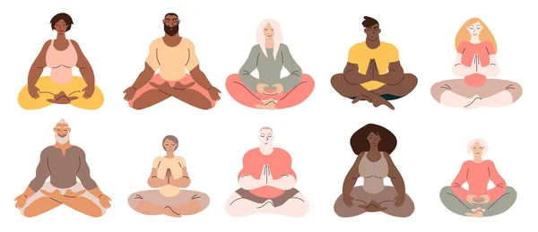 Çeşitli insanlar, kadınlar ve erkekler meditasyon yapıyor. Minimum vektör illüstrasyonu beyaz üzerine izole edildi.