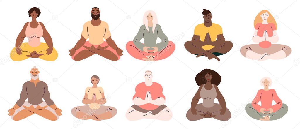 Diverse people women and men doing meditation. Minimal vector illustration set isolated on white.